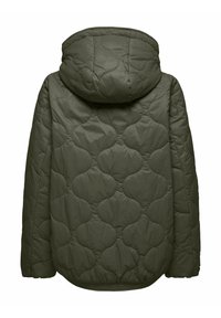 Kapucē aptverta olīvu zaļa pūkaina jaka ar izšūtu tekstūru ar apaļām rakstām un viegli izliekta apakša. Nav redzamu metāla detaļu.