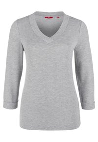 Graues langärmliges Oberteil mit V-Ausschnitt-Design. Aus weichem Stoff gefertigt, verfügt es über aufgerollte Bündchen und saubere Nähte, die einen lässigen Look bieten.