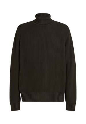 Pulover cu guler înalt ribetat de culoare verde închis, cu mâneci lungi și un tiv ajustat. Are un model texturat de tricot pe întreaga suprafață.