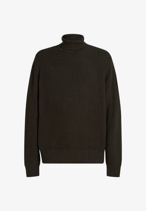 Tummanvihreä ribattu poolopaita pitkilla hihoilla ja tiukalla helmalla. Kangaassa on koko pituudeltaan teksturoitu neulekuvio.