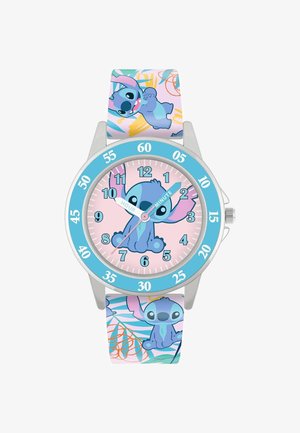 Orologio con cinturino in silicone blu e quadrante rosa pastello che presenta un personaggio di cartone animato. La lunetta è di un azzurro chiaro e i segnapunti sono numeri neri in carattere grassetto.