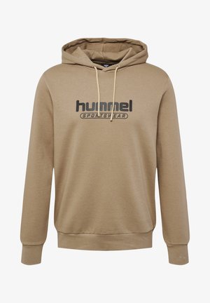 Beige huppari, joka on valmistettu pehmeästä kankaasta. Siinä on etupuolella kengurupussi, säädettävä nyöri ja kontrastivärinen musta "hummel SPORTSWEAR" -logo.