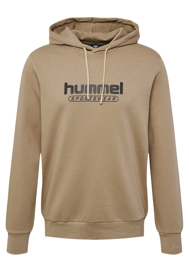 Beżowa bluza z kapturem wykonana z miękkiego materiału, z przednią kieszenią typu kangur, regulowanym sznurkiem i logo "hummel SPORTSWEAR" w kontrastującej czerni.