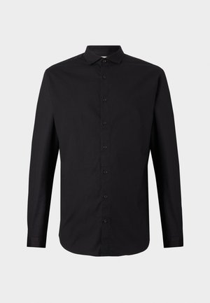 Schwarzes Langarmhemd aus gewebtem Stoff, mit durchgehender Knopfleiste, Kragen und klassischer Passform. Glatte Textur und minimalistisches Design.