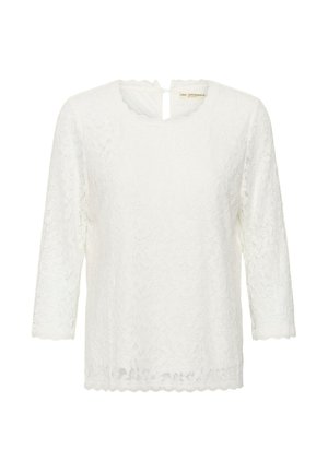 Bílý krajkový top s tříčtvrtečními rukávy, vlnkovým lemem a kulatým výstřihem. Na zadní straně má detaily ve tvaru klíčové dírky.