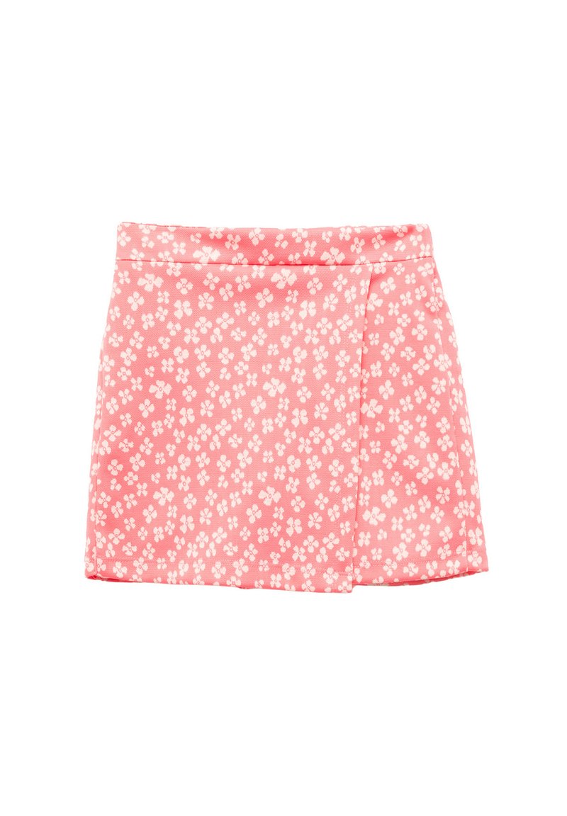Rosa blommig omslagskjol med en texturerad tyg med små vita blommor, prydd med en enkel midjeband och rak fåll.