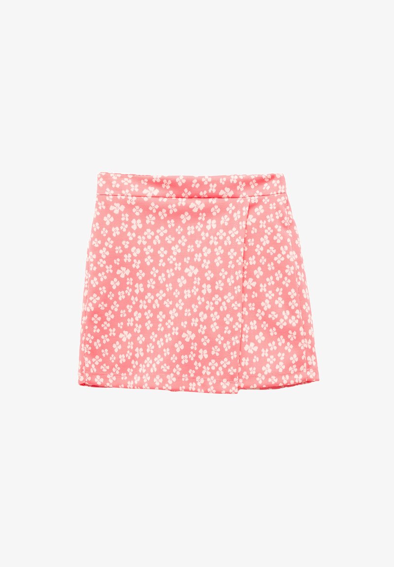 Jupe portefeuille florale rose en tissu texturé avec de petites fleurs blanches, accentuée par une taille simple et un ourlet droit.