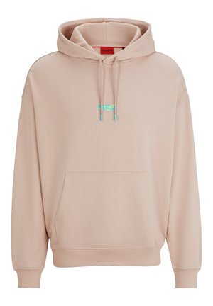Hoodie rose clair avec une grande poche à l'avant, des cordons de serrage, un logo graphique en bleu et vert, et des bords côtelés aux poignets et à l'ourlet.