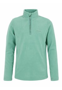 Pullover in felpa verde chiaro con colletto alto e chiusura a mezza zip. Presenta un logo discreto e un tessuto morbido e testurizzato.