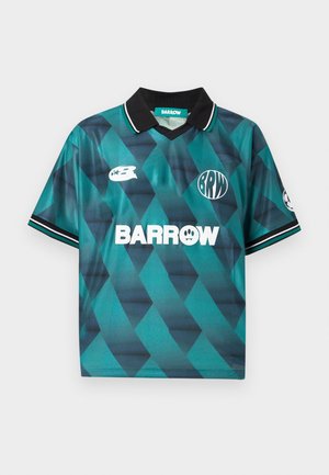 Teal kortermet polo skjorte laget av glatt stoff, med svart krage, geometrisk diamantmønster og "BARROW"-logo i hvitt.