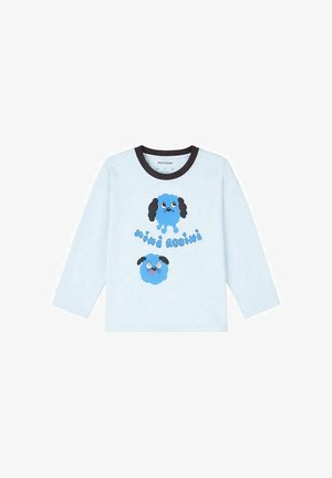 Chemise pour enfants à manches longues bleu clair avec col noir, ornée de deux visages de chiens de dessin animé bleus et du texte "Mini Rodini" en bleu.