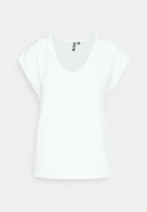 Biała damska koszulka z krótkim rękawem, z okrągłym dekoltem i luźnym krojem, pokazana na jednolitym jasnym tle.