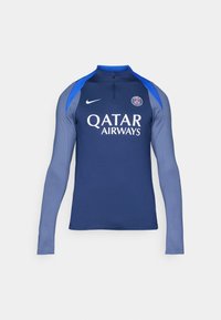 Long-sleeve athletic top in dark blue and light blue, made from synthetic fabric. Features a half-zip and logo with "Qatar Airways" in white.