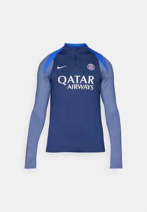 Long-sleeve athletic top in dark blue and light blue, made from synthetic fabric. Features a half-zip and logo with "Qatar Airways" in white.