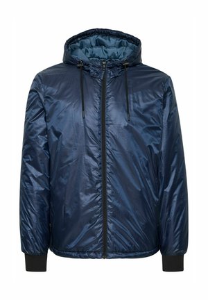 Tamsiai mėlynas pūkinis džemperis su kapišonu, turintis lygią, blizgią išorę, priekinį užtrauktuką ir elastines rankovių apyrankes, užtikrinančias tvirtą prigludimą.