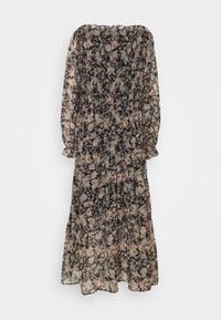 Langes, durchsichtiges Kleid mit schwarzem Hintergrund und einem Blumenmuster in sanften Rosa- und Weißtönen. Geraffter Brustbereich und puffige Ärmel, weit ausgestellt am Saum.