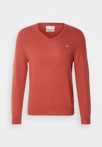 Pull à manches longues pour hommes, couleur rouille, avec un col en V et un petit logo brodé sur le côté gauche de la poitrine, ainsi que des poignets et un ourlet côtelés.
