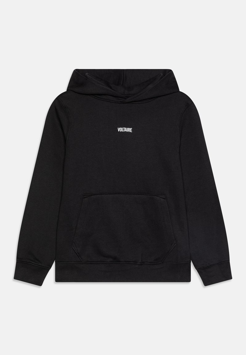 Felpa nera con una tasca frontale e cappuccio regolabile con cordino. Presenta un piccolo logo bianco "VOLTAIRE" stampato sul petto. Tessuto morbido.