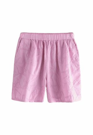 Pantaloni scurți roz cu o talie elastică și broderie florală detaliată. Prezintă o croială lejeră și o textură moale. Fără buzunare vizibile.