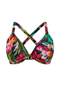 Bikini-Oberteil mit Blumenmuster in lebendigen Pink-, Grün- und Gelbtönen, mit überkreuztem Trägerdesign und Hakenverschluss.