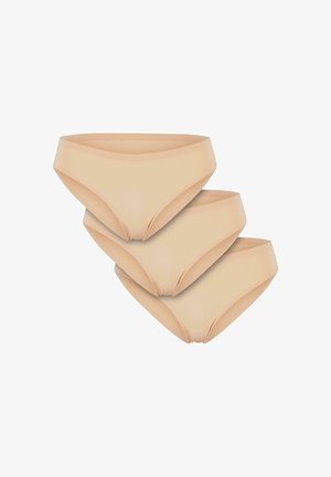 Lot de trois culottes en coton beige mettant en avant un design simple et lisse, avec une taille confortable et sans coutures visibles.