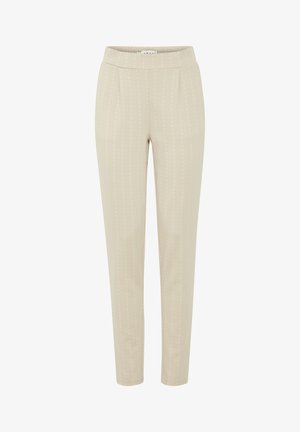 Pantaloni beige in tessuto liscio, caratterizzati da sottili righe verticali bianche, vita alta e un design a gamba affusolata. Senza tasche visibili.