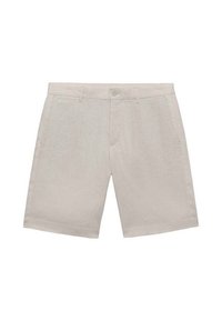Pantaloni corti in lino beige chiaro con davanti piatto, chiusura a un bottone e due tasche frontali, caratterizzati da una superficie liscia e un design su misura.