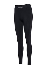 Schwarze Leggings mit Hummel-Logo am Bund, gefertigt aus dehnbarem Material, mit einer engen Passform, die sich den Beinen anpasst.