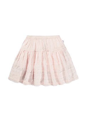 Jupe rose clair, longueur genou, avec taille élastique et détails horizontaux en dentelle dans un design à étages fluide.