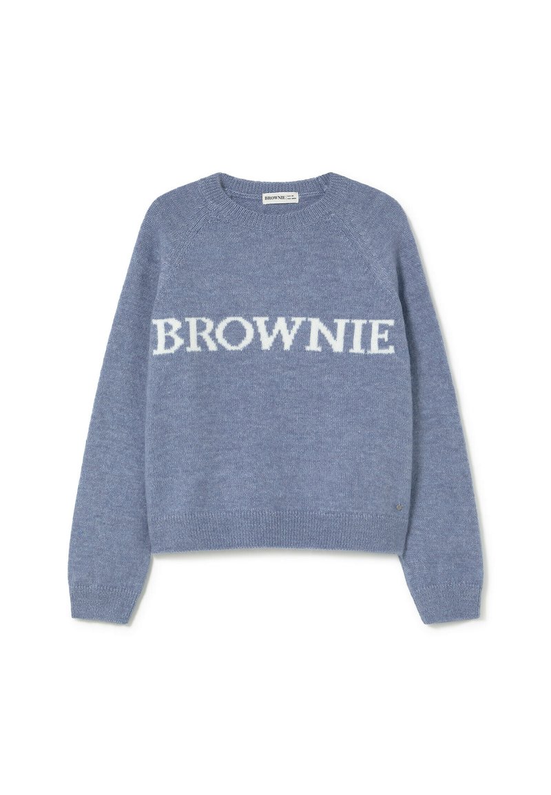 Suéter de punto azul con mangas largas y la palabra "BROWNIE" en grandes letras blancas en el pecho, colocado plano sobre un fondo blanco.