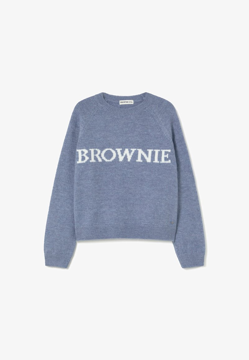 Suéter de punto azul con mangas largas y la palabra "BROWNIE" en grandes letras blancas en el pecho, colocado plano sobre un fondo blanco.