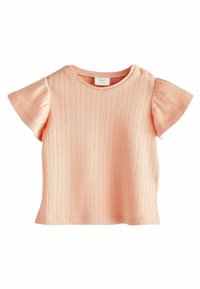 Cămașă pentru bebeluși de culoare roz deschis, cu mâneci scurte tip flutură și dungi verticale subtile texturate, decolteu rotund și material moale din tricot.