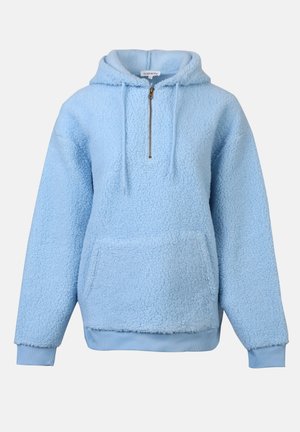 Lys blå fleece hoodie med en frontlomme, halvlukning med lynlås, hætte med snor og ribbede manchetter og kant. Blødt, struktureret stof.