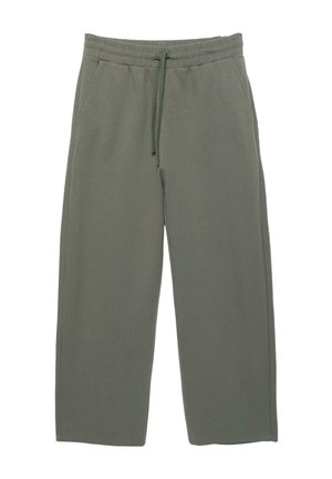 Pantaloni sportivi verde oliva a gamba larga con fascia elastica in vita e coulisse, dotati di tasche laterali e vestibilità comoda.