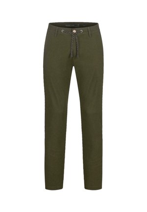 Olivgrüne Hose mit Kordelzugbund, schmal zulaufendem Bein und subtiler Textur. Mit einem Knopfdetail am Bund und seitlichen Taschen.