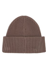 Bonnet en tricot marron avec une texture côtelée et un revers roulé. Couleur unie sans motifs ni accents, conçu pour la chaleur.
