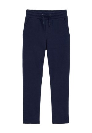 Navy blue sweatpants made of soft fabric, featuring an elastic waistband with drawstring, side pockets, and a tapered leg design.
