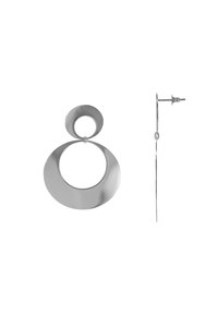 Orecchini in metallo argento con un grande cerchio circolare e un piccolo accento circolare nella parte superiore, texture liscia e design minimale.