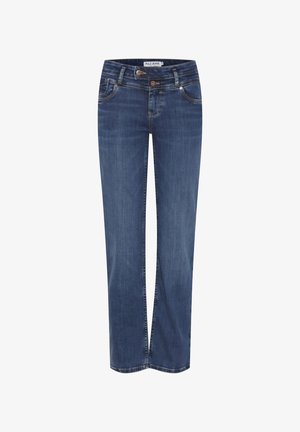 Temno modri trdno krojeni džins hlače iz denima z klasičnim pet-žepnim dizajnom, ki vključuje dvokotni zapirnik in subtilno izbledelost spredaj.