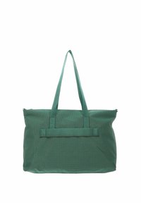 Sac fourre-tout en tissu vert avec deux poignées d'épaule, forme rectangulaire, surface texturée et fermeture éclair supérieure.
