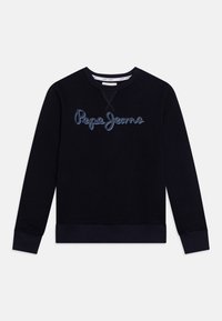 Námořnický modrý svetr s žebrovanými manžetami a lemem, na hrudi je vyšitý název "Pepe Jeans" světle modrou barvou. Měkká textilie.