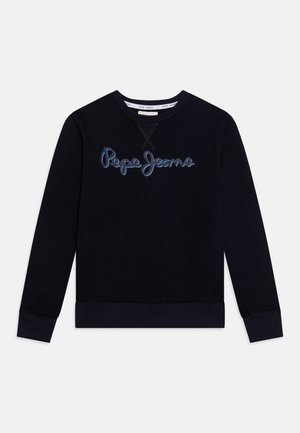 Sweat-shirt bleu marine avec le logo "Pepe Jeans" en bleu légèrement plus clair, col rond, manches longues, poignets et ourlet côtelés.
