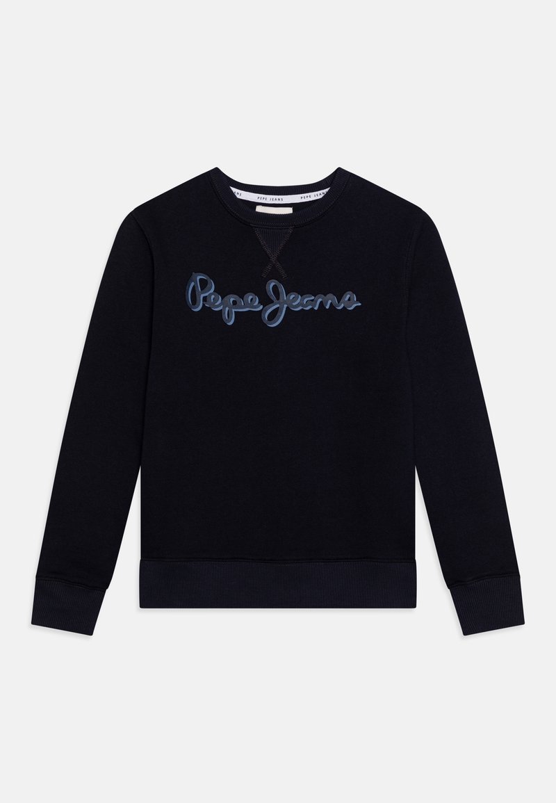 Námořnický modrý svetr s žebrovanými manžetami a lemem, na hrudi je vyšitý název "Pepe Jeans" světle modrou barvou. Měkká textilie.