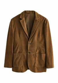 Brun ruskindsblazer med to frontlommer, en enkelt knaplukning og en spids krave. Har et foret indre.