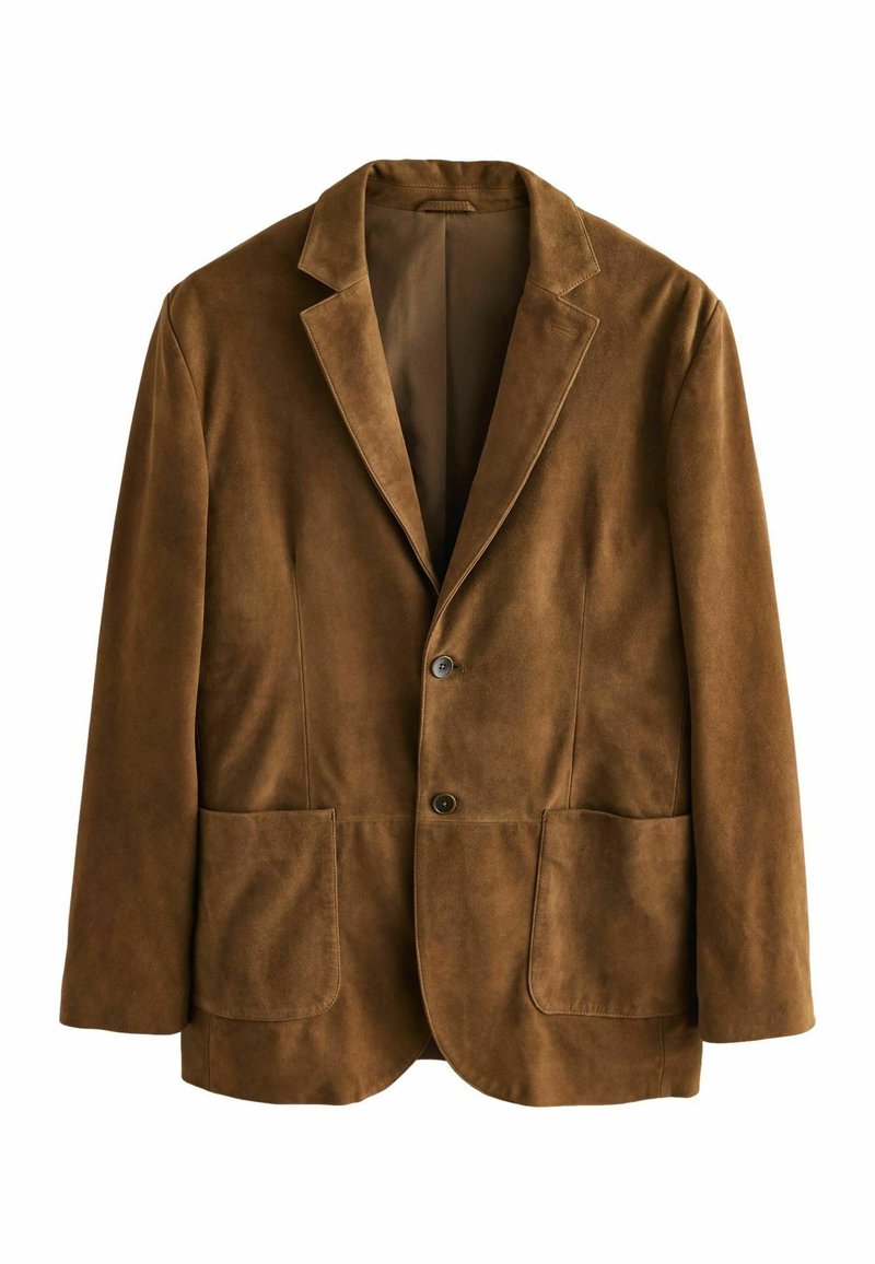 Brun ruskindsblazer med to frontlommer, en enkelt knaplukning og en spids krave. Har et foret indre.