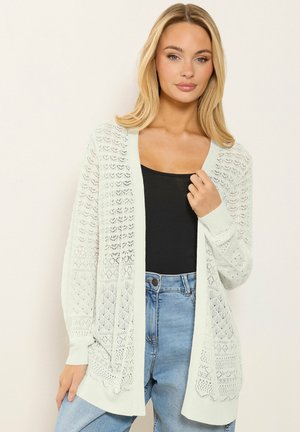 Vrouw draagt een licht gebreid vest met patroon van opengewerkt motief over een zwarte top en hoge taille blauwe jeans, poserend tegen een effen achtergrond.