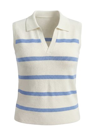 Gilet sans manches en maille crème avec des rayures horizontales bleu clair et un col replié avec une ouverture en V.