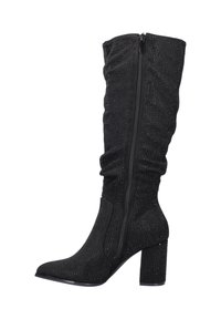Black knee-high boot made of smooth fabric with embedded studs. Features a side zipper, pointed toe, and a chunky heel for stability.