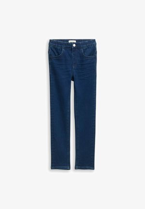 Donkerblauwe denim jeans met een getailleerd ontwerp, vijf zakken en een knoopsluiting aan de taille. Soepele textuur met contrasterende stiksels.