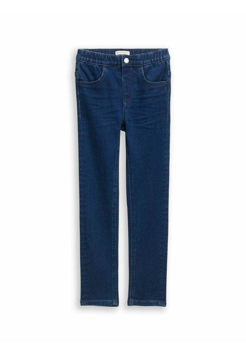 Donkerblauwe denim jeans met een getailleerd ontwerp, vijf zakken en een knoopsluiting aan de taille. Soepele textuur met contrasterende stiksels.